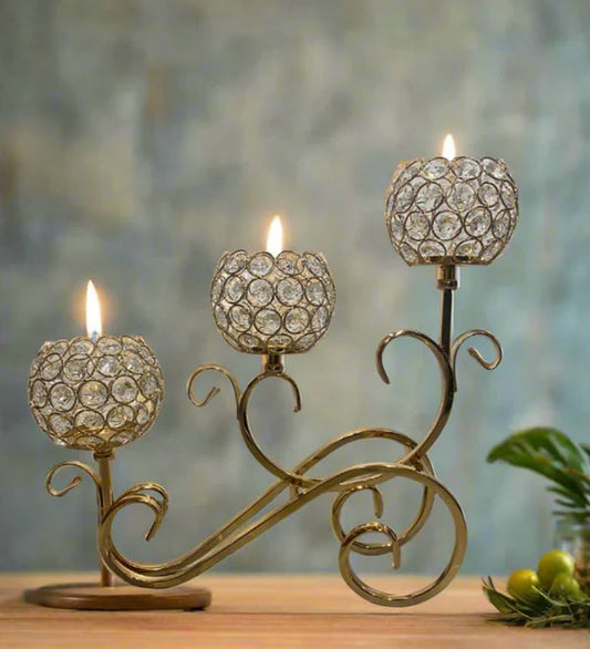 3 Steps Golden Crystal Candle Stand Holder for Home Decor DECOR DARBARS