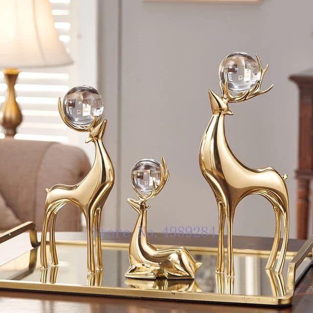 Luxury Golden Deer Statues Set – Crystal Ball Antlers Tabletop Decor for Home & Office DECOR DARBARS