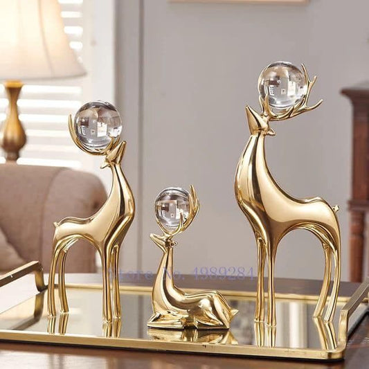 Luxury Golden Deer Statues Set – Crystal Ball Antlers Tabletop Decor for Home & Office DECOR DARBARS