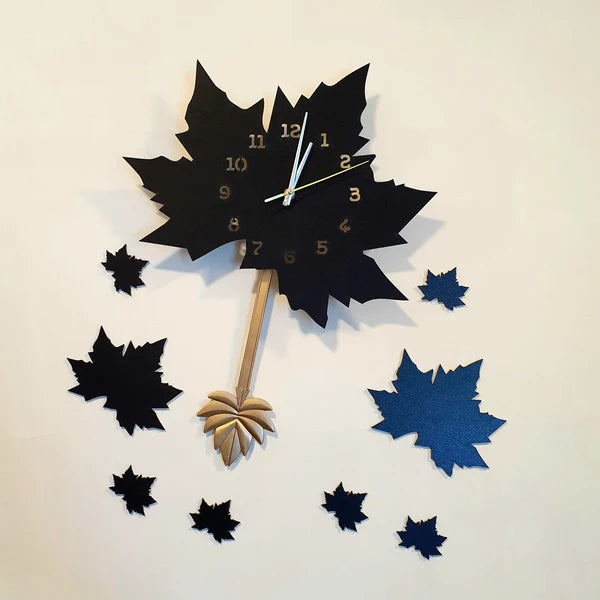 Black Maple Leaf Wall Clock with Pendulum DECOR DARBARS