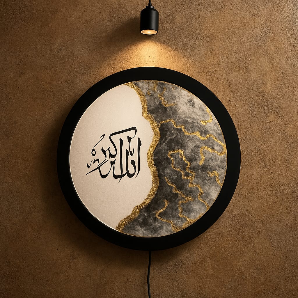 Allah Hu Akbar” – Round Acrylic Calligraphy with LED Frame (2×2 ft, Customizable) DECOR DARBARS