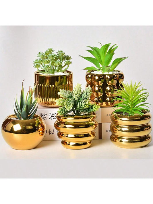 Elegant Golden Ceramic Planter – Handmade Tabletop Pot with Drainage Hole for Indoor & Outdoor Decor