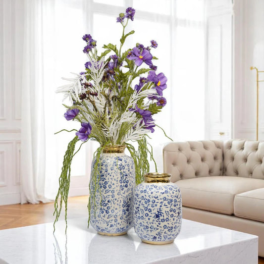 Blue Blossom Gold-Rimmed Ceramic Vases