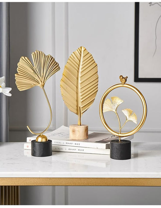 Golden Leaf Metal Sculpture Set  Modern Tabletop Decor DECOR DARBARS