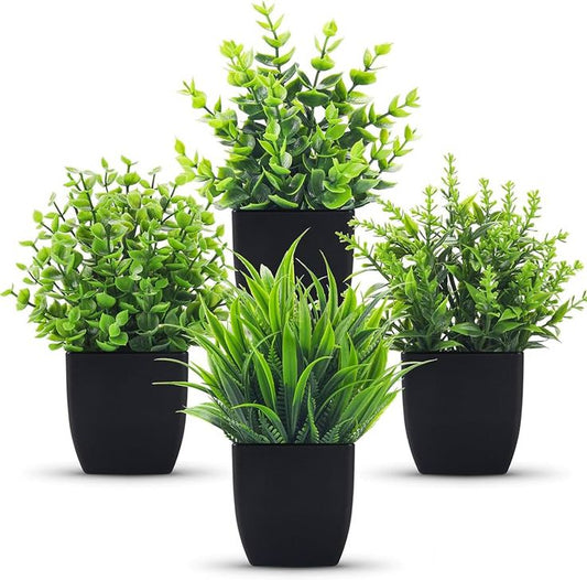 4-Pack Mini Artificial Potted Plants – Faux Greenery Decor in Black Pots for Home, Office & Bathroom